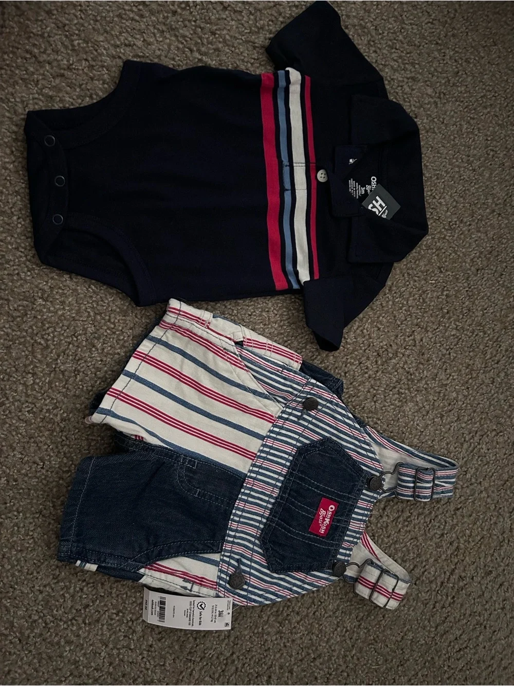 OshKosh B'gosh Navy Polo and Red-Striped Denim Overalls Set